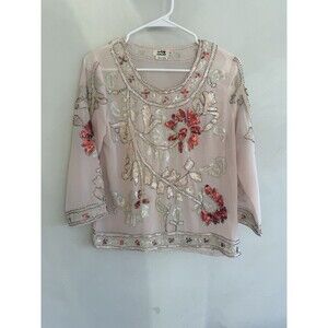 Holly Bracken Small S Top Blouse Beaded Designer Long Sleeve Sequins Shirt Beige